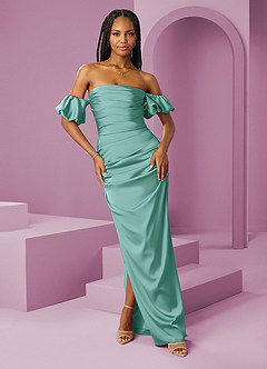 Barbie ♥ Azazie Jurken voor bruidsmeisjes Converteerbaar Jurk van Stretch Satijn met Kolom Off the Shoulder Aqua image1