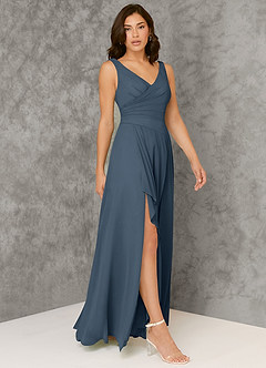 Azazie Kori Robes de demoiselle d'honneur Robe Trapèze en Mousseline de soie Plissée Neptune image1