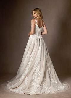 Azazie Delaina Wedding Dresses Diamond White Caramel A-Line V-Neck Sequins Tulle Dress image3