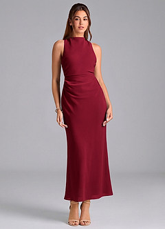 Azazie Evadne At-home Try On Dresses Burgundy Sheath Pleated Chiffon Dress image3