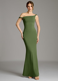Azazie Shantal Bridesmaid Dresses Olive Mermaid Off the Shoulder Premium Stretch Jersey Dress image4