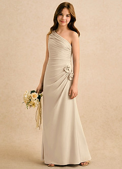 Azazie Sophie Girls Formal Robe Demoiselle D'honneur Fillette Robe Fourreau en Mousseline de soie Une épaule Champagne image4