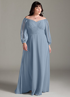 Azazie Rubina Bridesmaid Dresses Dusty Blue A-Line Long Sleeve Chiffon Dress image8
