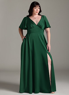 Azazie Kimber Vestidos de damas de honor Vestido de Verde Oscuro de Satén Elástico de Corte en A con Volante image9