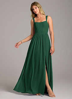 Azazie Rosaline Bridesmaid Dresses Dark Green A-Line Side Slit Chiffon Dress image1
