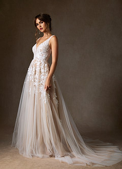 Azazie Sorella Wedding Dresses Diamond White Sand A-Line V-Neck Sequins Tulle Dress image3