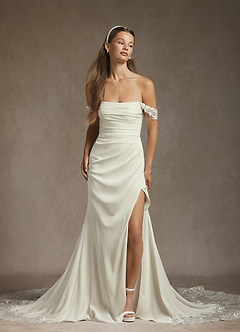 Azazie Rosalia Wedding Dresses Cream Mermaid Off-The-Shouler Sequins Crepe Back Satin Dress image4