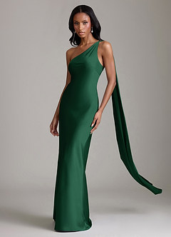 pear green bridesmaid dresses Azazie Mermaid One-Shoulder Floor-Length Stretch Satin Straps Sleeves