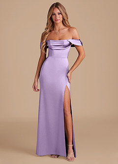 Azazie Saige Bridesmaid Dresses Lilac A-Line Off the Shoulder Metallic Satin Convertible Dress image5