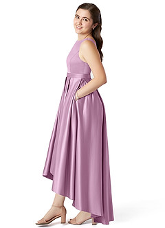Azazie Inaya Junior Wisteria A-Line with Belt Stretch Satin Dress image3
