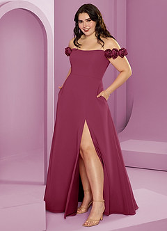 Barbie ♥ Azazie Suknie dla druhen Rozkloszowana szyfonowa sukienka z odkrytymi ramionami i kwiatowymi rozetkami image14