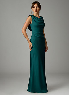 Azazie Kieryn Robes de demoiselle d'honneur Robe Sirène en Satin extensible Plissée Paon image4