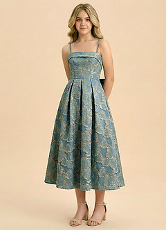 Azazie Florentine Junior Formal Vestido de Pizarra Descolorida Floral de Tafetán Jacquard de Corte en A con Plisado image5