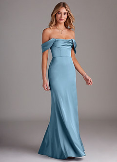 Azazie Saige Jurken voor bruidsmeisjes Jurk van Stretch Satijn met Kolom Off the Shoulder Staal Blauw image6