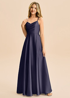 Azazie Rumi Junior A-Line Plisseret Stræk satin Gulv-længde Junior brudepige Kjole image3