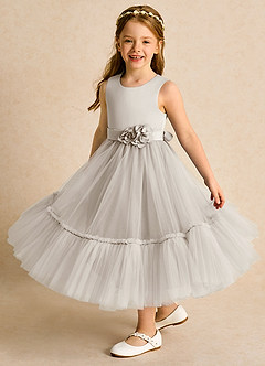 Azazie Miracle Blumenmädchenkleider A-Linie Schleifen Matte Satin Kleid Frost image4