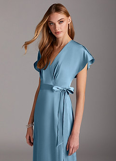 Azazie Nico Bridesmaid Dresses Steel Blue A-Line V-Neck Stretch Satin Dress image6