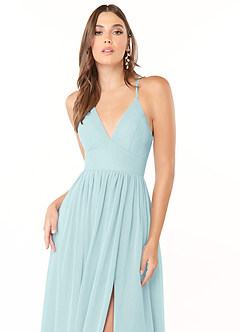 Azazie Aaida At-home Try On Dresses Dusty Blue A-Line Corset Chiffon Dress image6