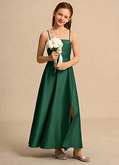 Azazie Pebbles Girls Formal Flower Girl Dresses Dark Green A-Line Pleated Matte Satin Dress image6