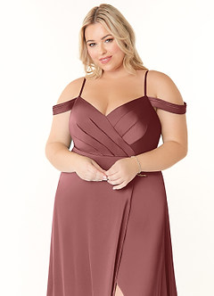 Azazie Ocean Bridesmaid Dresses Amethyst A-Line V-Neck Pleated Stretch Satin Dress image10