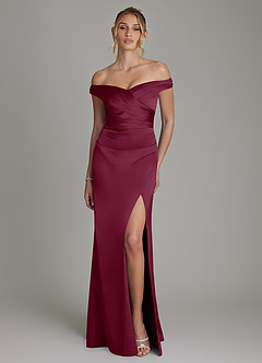 Azazie Teyana Bridesmaid Dresses Mulberry Sheath Off the Shoulder Stretch Satin Dress image4