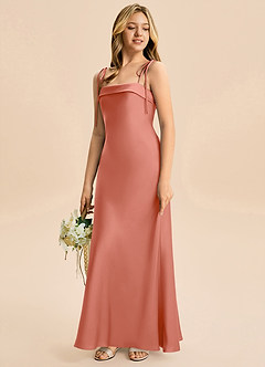 Azazie Willa Junior Vestido Rosa Salmón de Satén Elástico de Corte Sirena con Lazo image5