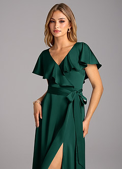 Azazie Lainey Bridesmaid Dresses Emerald A-Line with Pockets Stretch Satin Dress image6