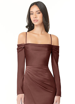 Azazie Hallie Bridesmaid Dresses Espresso Sheath Off-The-Shoulder Long Sleeve Stretch Satin Convertible Dress image2