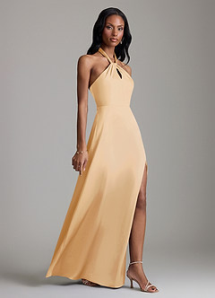 Azazie Tracie Bridesmaid Dresses Gold A-Line Side Slit Stretch Satin Dress image3