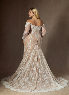 Azazie Katherine Wedding Dresses Diamond White Caramel Mermaid Off the Shoulder Tulle Dress image9