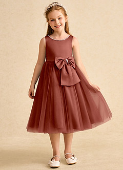 Azazie Twinsie vestidos de niña de las flores Vestido de Castaño de Tul de Corte En A con Lazo image7