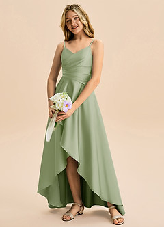 Azazie Eirlys Junior Abito A-Line in Raso Elasticizzato Plissettato Verde Salvia image4