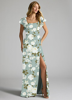 Azazie Bondi Bridesmaid Dresses Misty Floral Garden A-Line Bow Stretch Satin Dress image2