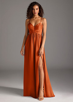 Azazie Alia Vestidos de damas de honor Vestido de Naranja Quemada de Satén Elástico de Corte en A con Plisado image1