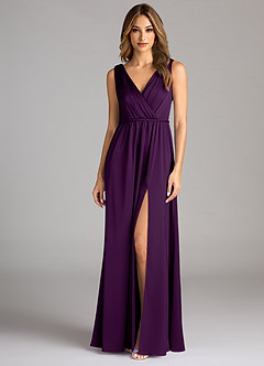 Azazie Tanicia Bridesmaid Dresses Grape A-Line Pleated Stretch Satin Dress image3