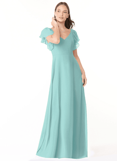 Azazie Syenna Brautjungfernkleider A-Linie Gestreift Chiffon Kleid Aqua image1