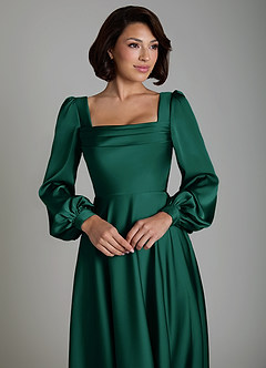 Azazie Solana Robes de demoiselle d'honneur Robe Trapèze en Satin extensible Manches longues émeraude image3