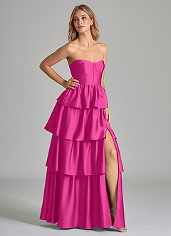 Azazie Faye Bridesmaid Dresses Fuchsia A-Line Ruched Stretch Satin Dress image1