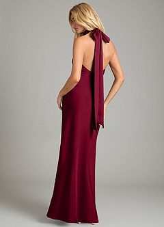 Azazie Velli Bridesmaid Dresses Burgundy Mermaid High Neck Stretch Satin Dress image5