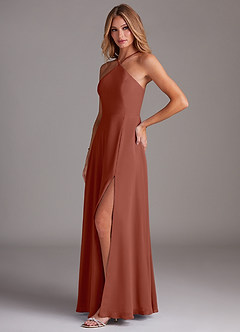 Azazie Bailey Bridesmaid Dresses Auburn A-Line Halter Side Slit Chiffon Dress image3