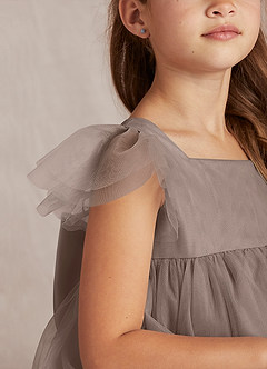 Azazie Kalio Flower Girl Dresses Taupe A-Line with Sleeves Tulle Dress image3