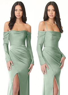 Azazie Hallie Bridesmaid Dresses Agave Sheath Off-The-Shoulder Long Sleeve Stretch Satin Convertible Dress image9