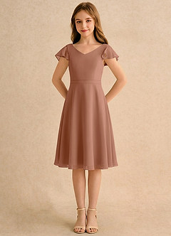 Azazie Narin Girls Formal Robe Demoiselle D'honneur Fillette Robe Trapèze en Mousseline de soie avec manches Bronze image5