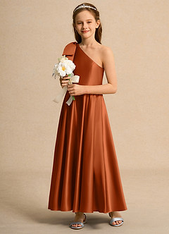 Azazie Guppy Girls Formal Flower Girl Dresses Burnt Orange A-Line One Shoulder Matte Satin Dress image5