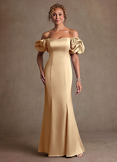 Azazie Redding Mother of the Bride Dresses Champagne Sheath Ruched Stretch Satin Dress image1