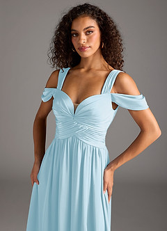 Azazie Lianne Bridesmaid Dresses Sky Blue A-Line Off the Shoulder Stretch Satin Dress image3