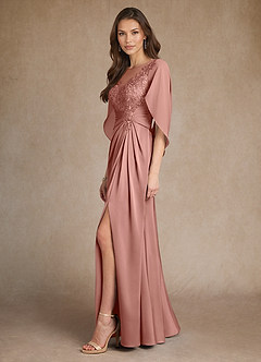 Azazie Hera Mother of the Bride Dresses Rosette A-Line Lace Stretch Satin Dress image2