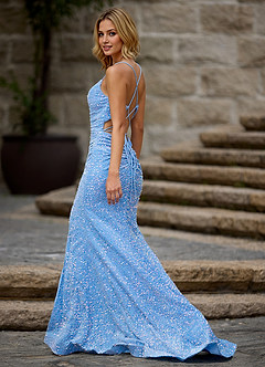 Luxey Light Blue Velvet Sequins Prom Dress image5