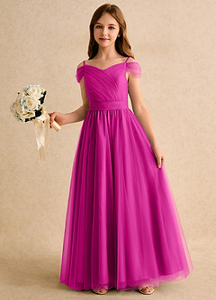 Azazie Yuna Girls Formal Abiti da Ragazza di Fiori Abito A-Line in Tulle Spalle Scoperte Fucsia image5