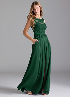 Azazie Elly Bridesmaid Dresses Dark Green A-Line Lace Stretch Satin Dress image1